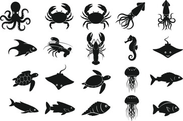 Sea creature silhouettes, marine life icons, ocean animals vector, black illustration, aquatic species grid, underwater design, biology art