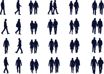 Walking silhouette grid, pedestrian motion, human interaction, dark blue vector, posture variation, social behavior, movement study, design illustration