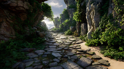 Ancient cobblestone path winding through rugged cliffs with lush greenery