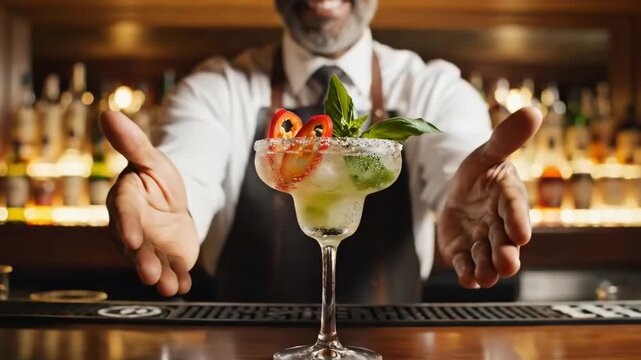 A skilled beverage professional presents an exquisitely crafted cocktail, held forward with open hands, emphasizing hospitality and premium service. The vibrant, frosty drink is served in a classic gl