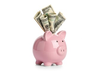 Pink piggy bank filled with dollar bills isolated on white background