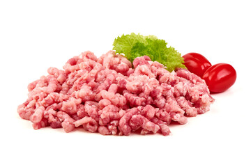 Raw Ground Pork with Tomatoes and Lettuce, isolated on white background
