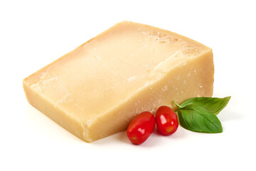 Parmesan cheese with tomatoes and basil, isolated on white background