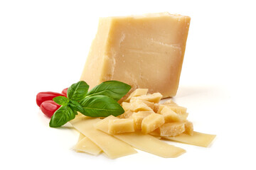 Parmesan cheese with cherry tomatoes and basil, isolated on white background
