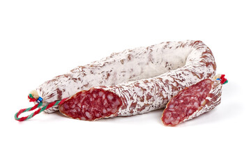 Fuet Sausage with Mold, sliced, isolated on white background