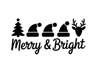 A festive Christmas tree, Santa hats, and a reindeer head accompany the phrase 'Merry & Bright'.