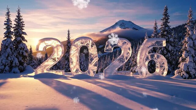 Icy 2026 new year numbers on a snowy landscape winter holiday celebration with mountain backdrop and pine trees