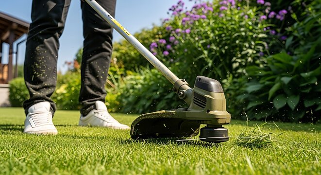 Man using a string trimmer to cut grass in a sunny backyard