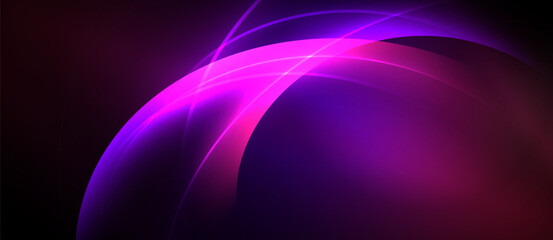 Abstract purple light curves dominate dark background. Smooth gradients create dynamic visual effect. Minimalist design, modern aesthetic.