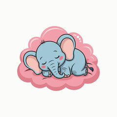 Cute cartoon baby elephant sleeping on a pink cloud illustration vector.