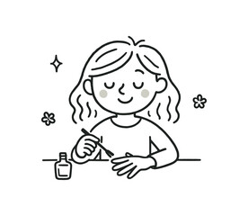 handdrawn cute doodle style woman doing manicure at home vector line illustration
