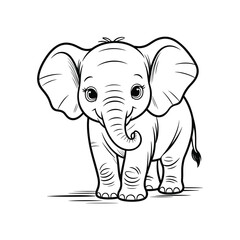Cute cartoon baby elephant with big ears and a curled trunk standing on a white background with simple ground lines