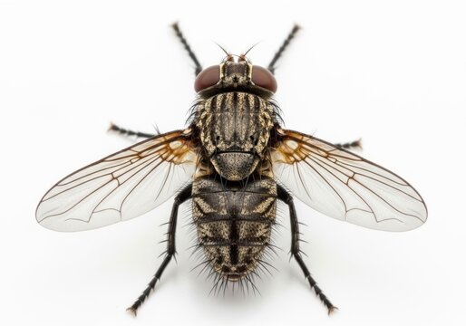 Close up macro view of a housefly isolated on white background