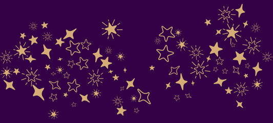 Flying gold star comet vector with deep purple background. Premium gold star sparkles shining comets pattern. Holiday starlight banner backdrop. Corner design