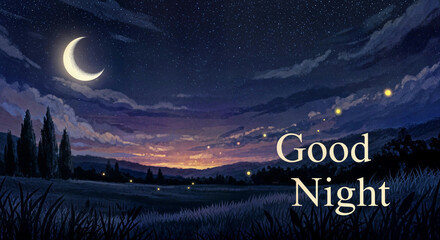 Nighttime scene features a crescent moon and a sky dotted with stars and clouds