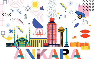 Typography word "Ankara" branding technology concept. Collection of flat vector web icons. Memphis culture travel set, famous architectures and specialties detailed silhouette. Turkish famous landmark
