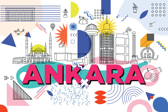 Typography word "Ankara" branding technology concept. Collection of flat vector web icons. Memphis culture travel set, famous architectures and specialties detailed silhouette. Turkish famous landmark