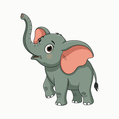 Cute cartoon baby elephant with trunk raised and pink ears on white background animal