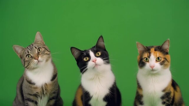 Three cats meme green background 