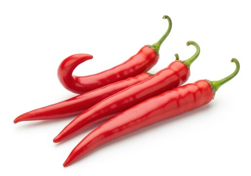 Three bright red chili peppers isolated on white background