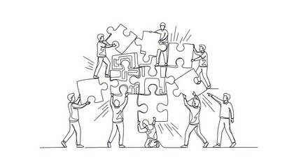Teamwork illustrated through group effort to assemble large puzzle pieces together