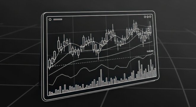 Minimalist financial analysis display with candle stick charts and graph lines on a modern device