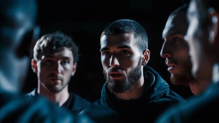 Basketball team huddle in the dark, discussing strategy and teamwork - Powered by Adobe