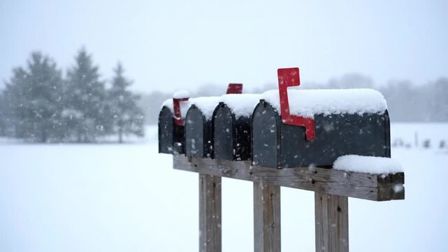 Multiple snow-covered mailboxes with red flags stand on a wooden post during a winter snowfall