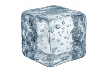 Ice cube with trapped air bubbles showing cold refreshing water freezing for drinks and chilling effects