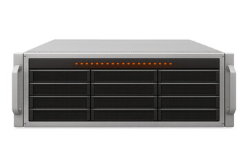 Fototapeta premium Server system rack unit with blinking orange lights providing data storage, hosting, and network computing on transparent background