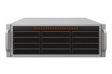Server system rack unit with blinking orange lights providing data storage, hosting, and network computing on transparent background
