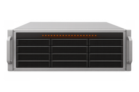 Server system rack unit with blinking orange lights providing data storage, hosting, and network computing on transparent background
