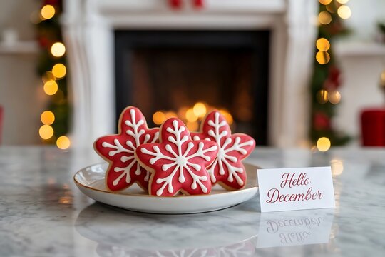 Red Star-Shaped Snowflake Cookies on White Plate with “Hello December” Card by Fireplace in Cozy Holiday Scene