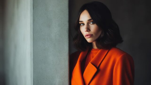 Beautiful woman in orange coat leaning against a concrete wall, portrait