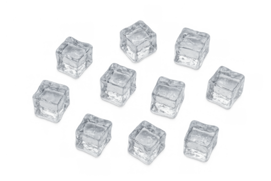 Frozen clear water ice cubes creating a refreshing chilling effect, a cooling element for beverages on transparent background