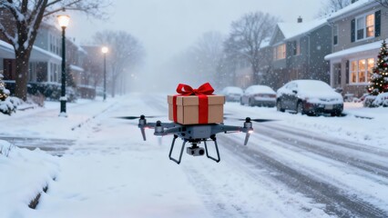 Drone delivering a gift-wrapped package in a snowy neighborhood, showcasing festive decorations and a serene winter atmosphere, highlighting modern delivery technology