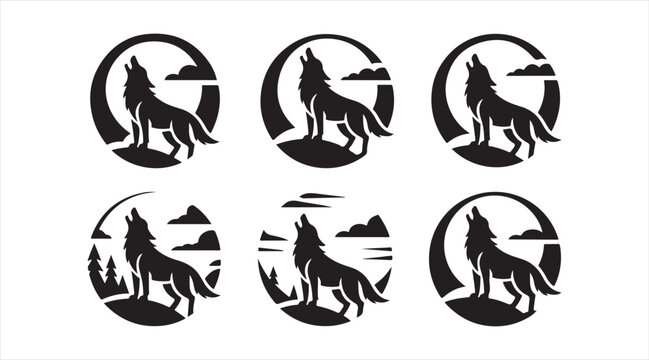 Wildlife emblem set with wolves calling to the moon in stylized forest and mountain scenes