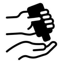 Hand and bottle of antiseptic solid icon, washing hands concept. Vector graphics. Antiseptic jar in hand sign on white background, style icon mobile or web design.