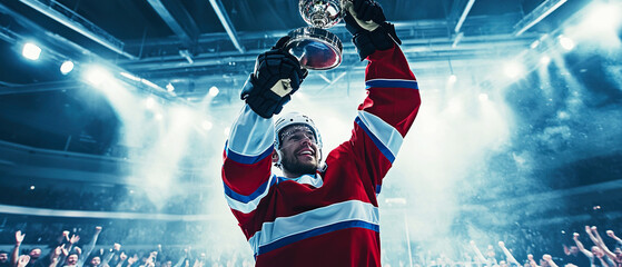 Panoramic view of hockey player lifting trophy before stadium stands. Moment of glory and triumph, concept of motivation, strength, leadership, and success in sport.