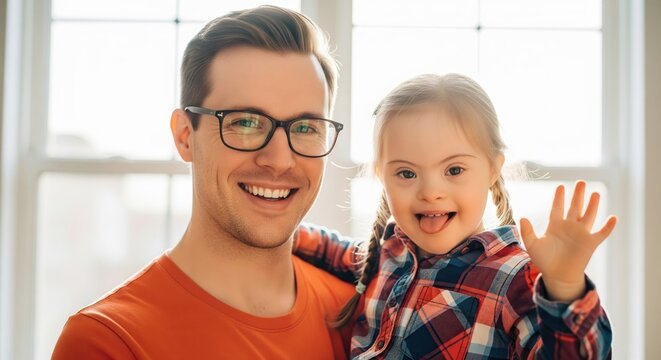 Father and child with down syndrome, smiling indoors near window. A heartwarming portrait of family connection and pure joy. Love and care, genetic diversity, celebrating differences.
