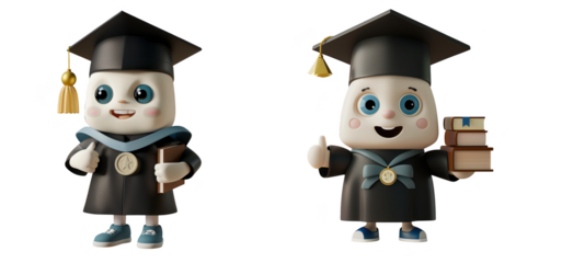 Cute 3d cartoon characters in graduation cap and gown, celebrating academic achievement and learning success with books isolated on transparent background