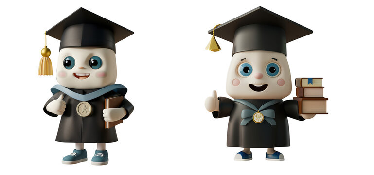 Cute 3d cartoon characters in graduation cap and gown, celebrating academic achievement and learning success with books isolated on transparent background