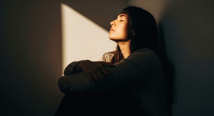 Woman sitting in shadow and light, eyes closed. A medium shot focused on emotion, wellbeing and mindfulness. Inner peace, self care, quiet contemplation.