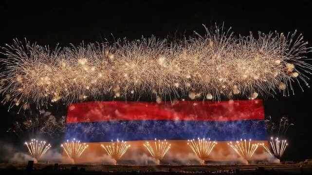 Armenia Flag with Vibrant Fireworks Display Celebration. Patriotic Armenian Pyrotechnics Spectacle. Independence Day Fireworks Over Armenia Flag.