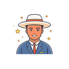 Smiling man wearing a stylish hat and suit surrounded by golden stars happy cartoon illustration
