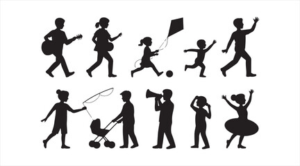 Vector silhouettes of people performing various creative and recreational activities