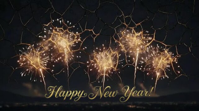 Happy new year celebration. Kintsugi Fireworks Bursting Through Cracked Sky. Molten Gold and Silver Lava Firework Art. Japanese Kintsugi Style Ceramic Sky Explosion.