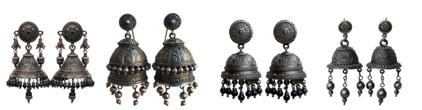 Assortment of antique silver dangle earrings with intricate detailing isolated on transparent background