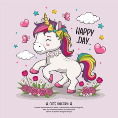 Little Horse Pony Rainbow Unicorn, Happy Day, Cute Vector Cartoon Illustration