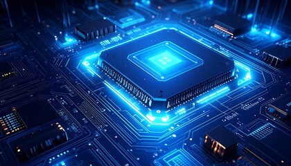 Close-up of a glowing central processing unit (CPU) on a circuit board